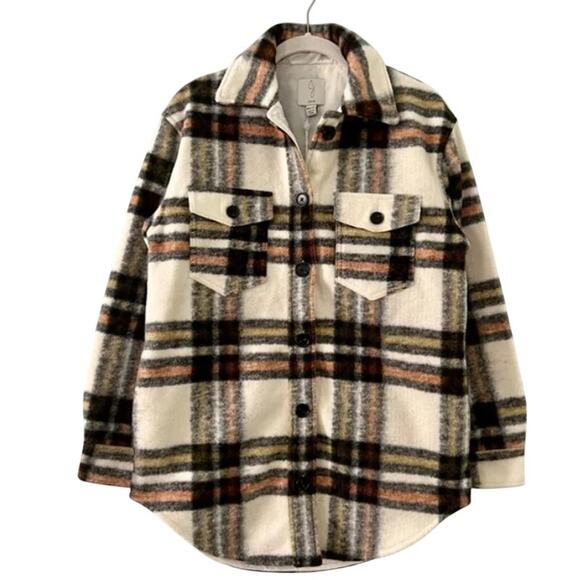 Joie Oversized Plaid Fuzzy Shacket Coat – Cream Brown Black Orange XS - Picture 1 of 3